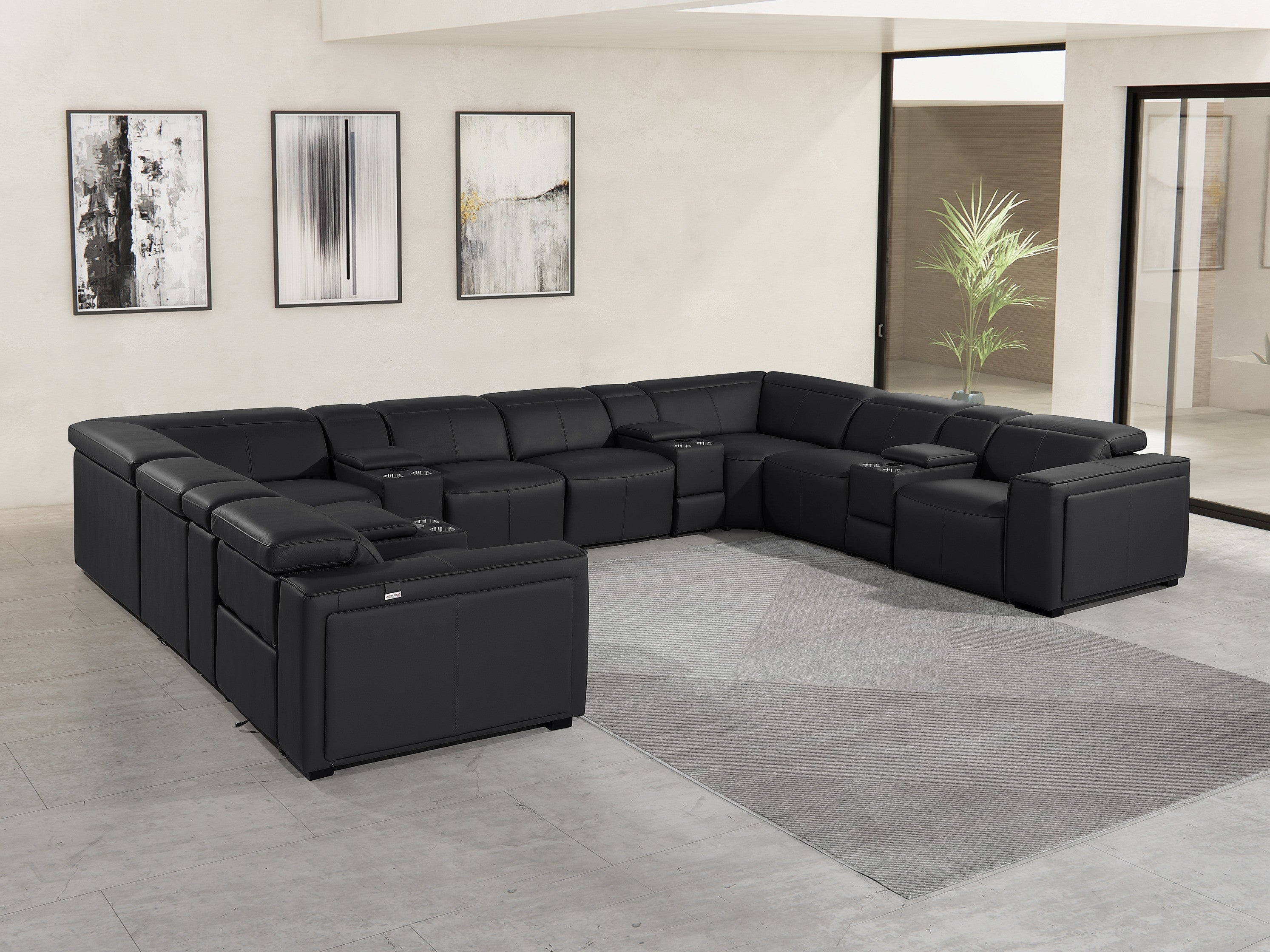 Global United 1224BK-12PC 12 pc DivanItalia black italian leather power reclining U shaped sectional sofa power adjustable headrests storage arms