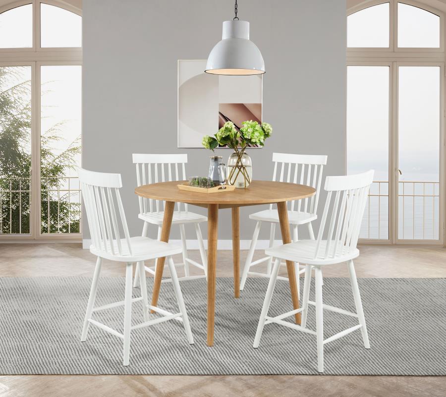 Coaster 122508-S5W 5 pc Andrews light ash finish wood 48" round counter height mid-century dining table set white spindle back chairs
