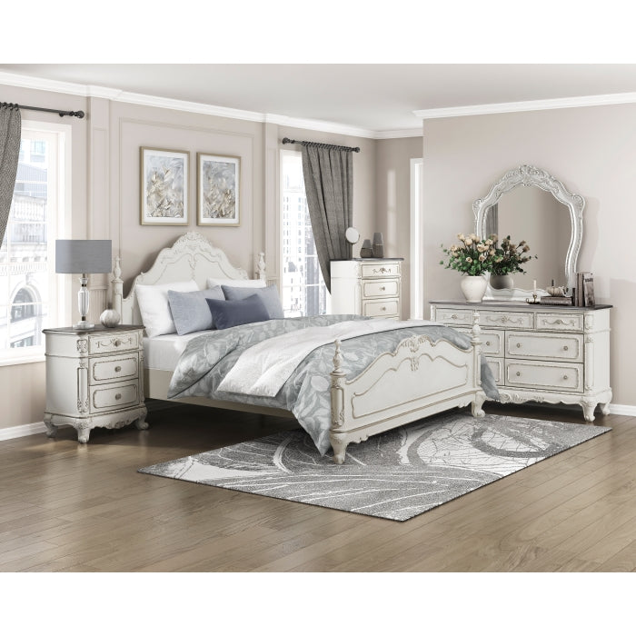 Homelegance Cinderella Antique White & Grey Rub-Through Finish Wood Queen 4 Pc Bed Poster Set – 1386NW-4PC