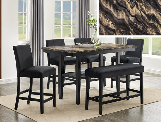 Marbel 6-Piece Black Wood Gold & Amber Veining Faux Marble Top Counter Height Dining Set with Bench – 1718GBK-6PC