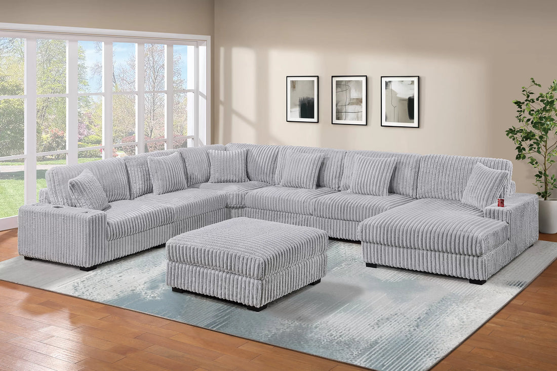 Poundex F177 7 pc grey wide welt corduroy fabric modular sectional sofa with ottoman and chaise