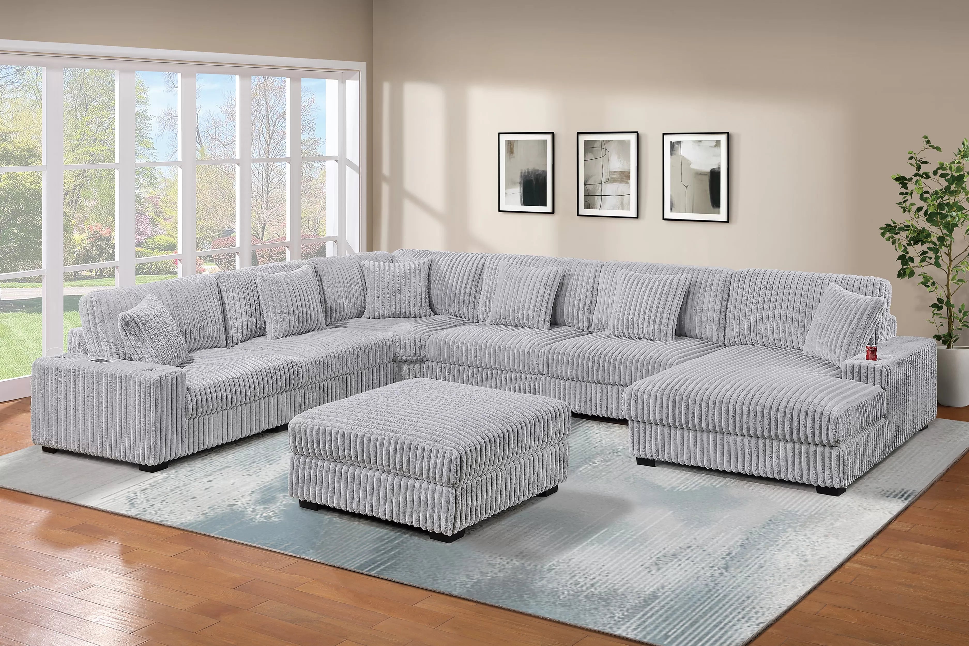 Poundex F177 7 pc grey wide welt corduroy fabric modular sectional sofa with ottoman and chaise