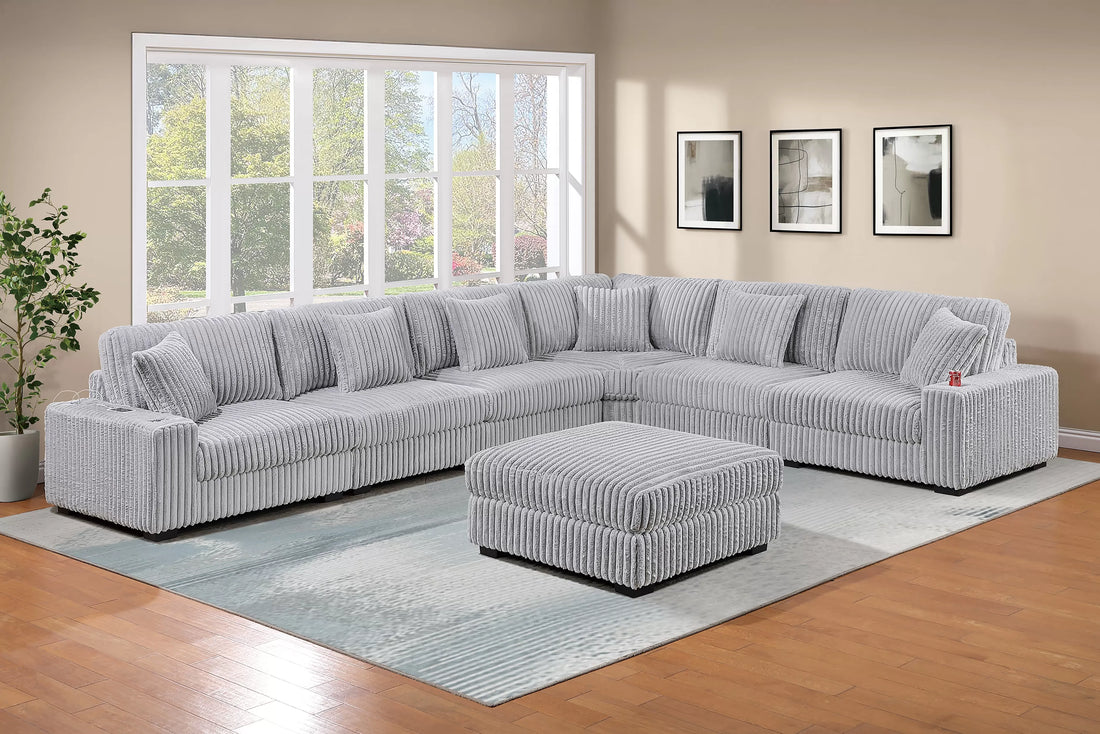 Poundex F178 7 pc grey wide welt corduroy fabric modular sectional sofa with ottoman