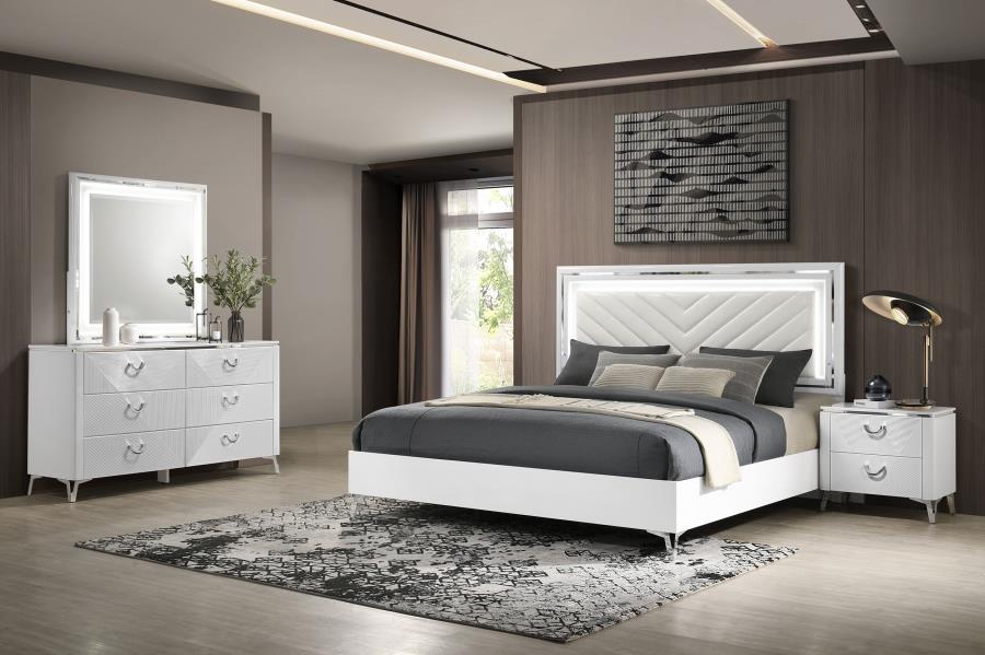 Coaster 215791Q-S4 4 pc Cassia high gloss white finish wood queen bedroom set upholstered headboard LED lighting