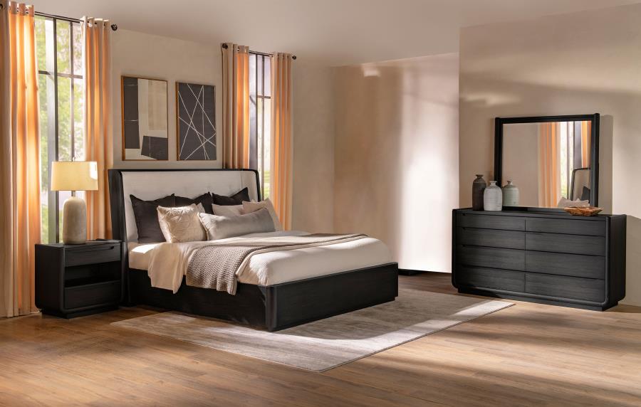 Coaster 222491Q-S4 4 pc Leandro burnished black finish wood and curved fabric padded headboard queen bed set