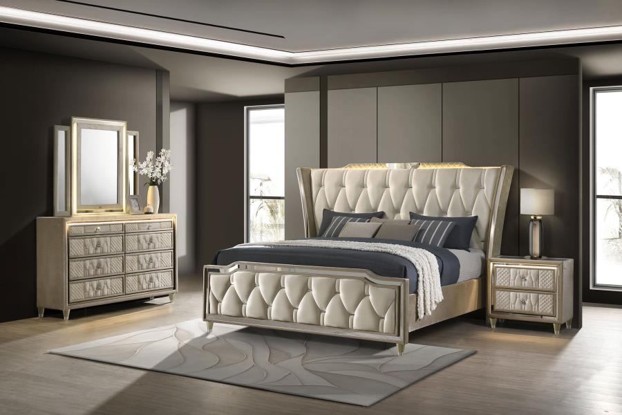 Coaster 222661Q-S4 4 pc Lorient ivory and camel fabric upholstered gold trim accents LED flared headboard queen bedroom set