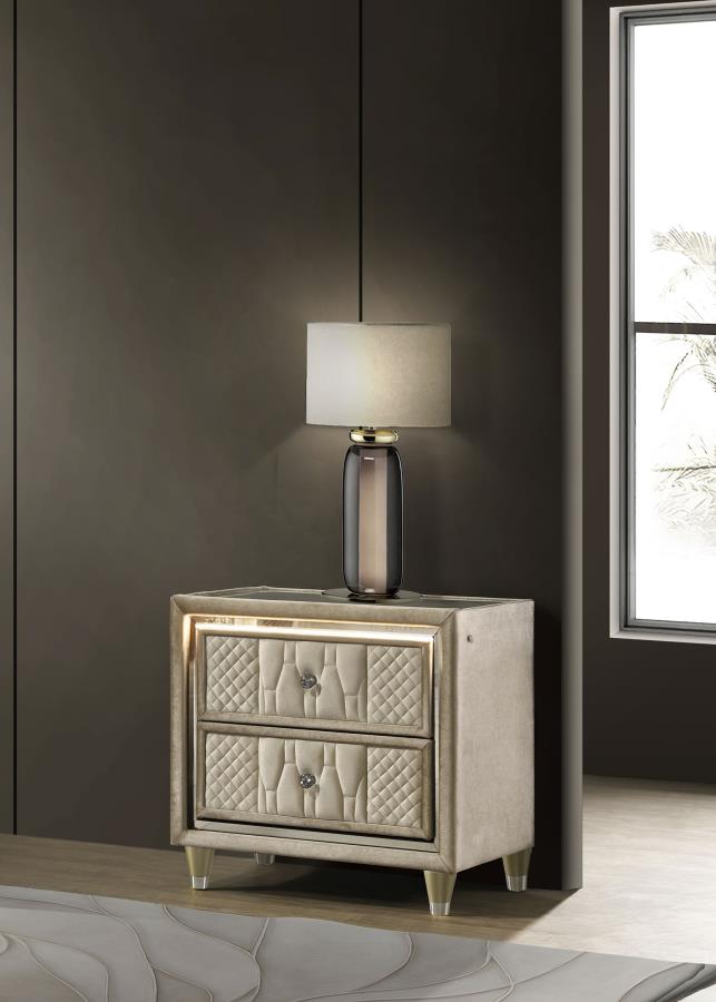 Coaster 222662 Lorient ivory and camel velvet fabric upholstered nightstand silver accents with LED and USB