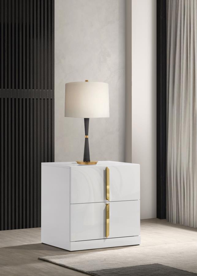 Coaster 223092 Ines white high gloss finish wood 2 drawer nightstand gold handles