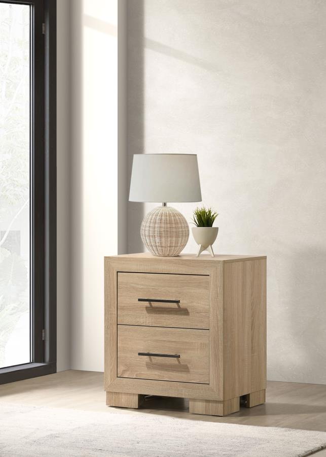 Coaster 223112 Arielle light oak finish wood 2 drawer nightstand with casters antique nickel handles