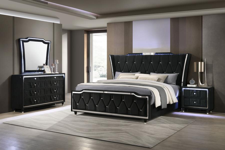Coaster 223161Q-S4 4 pc Lorient black fabric upholstered LED accents flared headboard queen bedroom set