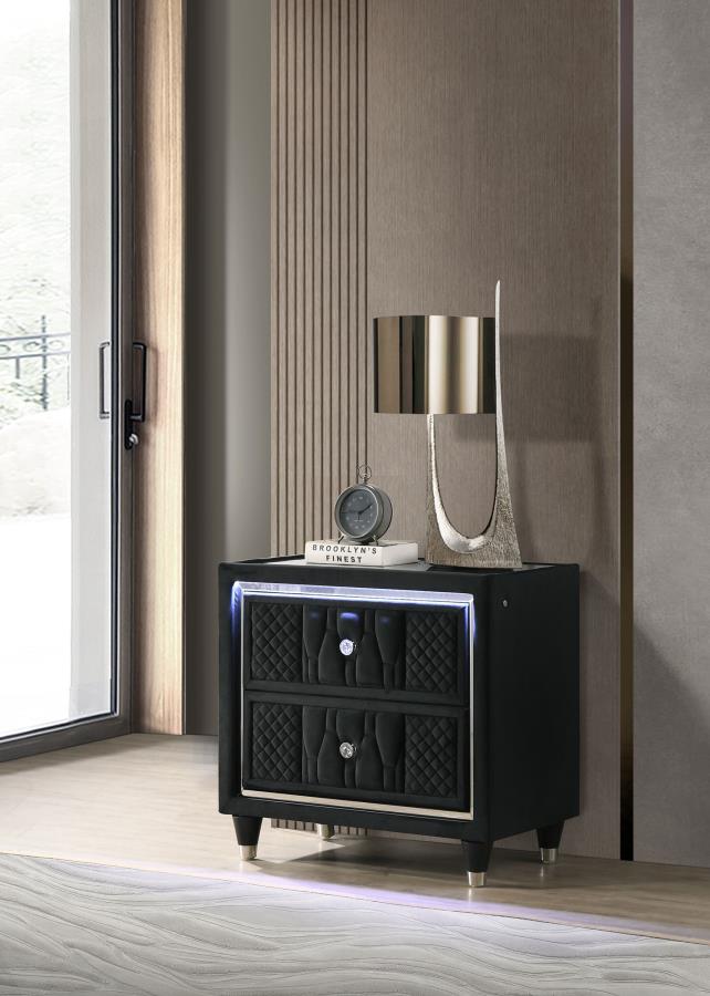 Coaster 223162 Lorient black velvet fabric upholstered nightstand silver accents with LED and USB