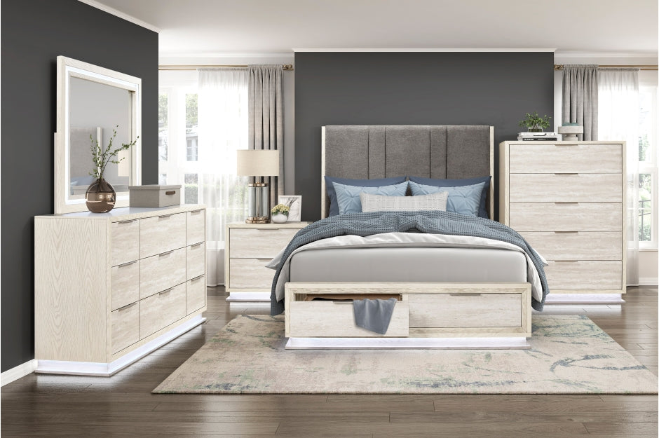 Noctis White and Light Grey Queen Bedroom Set with LED Accent Lighting – 2391-4PC