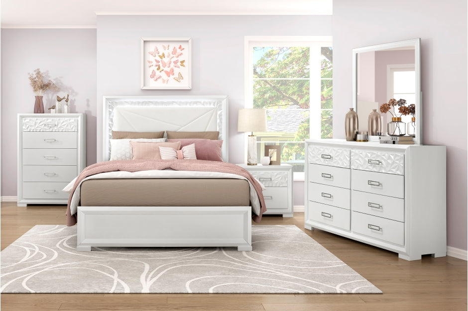 Luna Pearl White Queen Bedroom Set with LED Accent Lighting – 2469-4PC