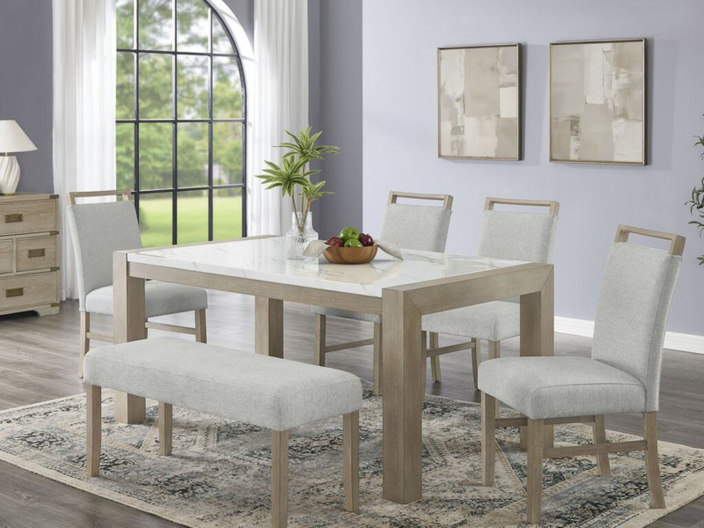 30060-3-6PC 6 pc Tabitha light oak finish wood 66" white faux marble top dining table set with bench