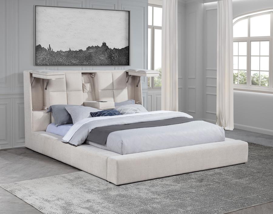 Coaster 315948CRMQ Dreux cream fabric upholstered flip up LED lighting with fold down cupholder in headboard queen bed