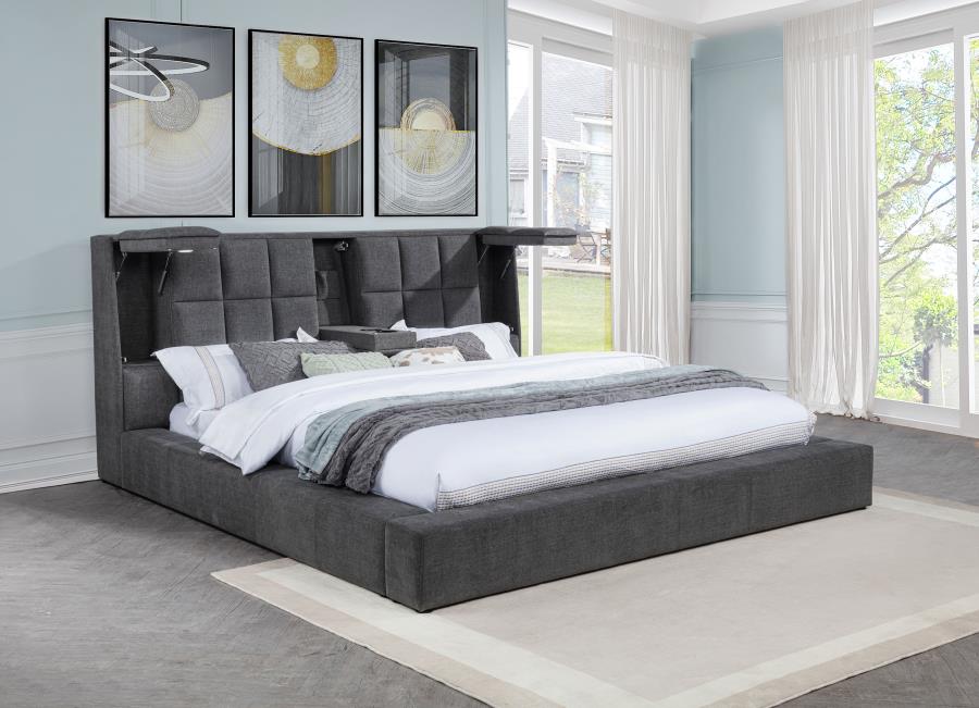 Coaster 315948GRYQ Dreux dark grey fabric upholstered flip up LED lighting with fold down cupholder in headboard queen bed