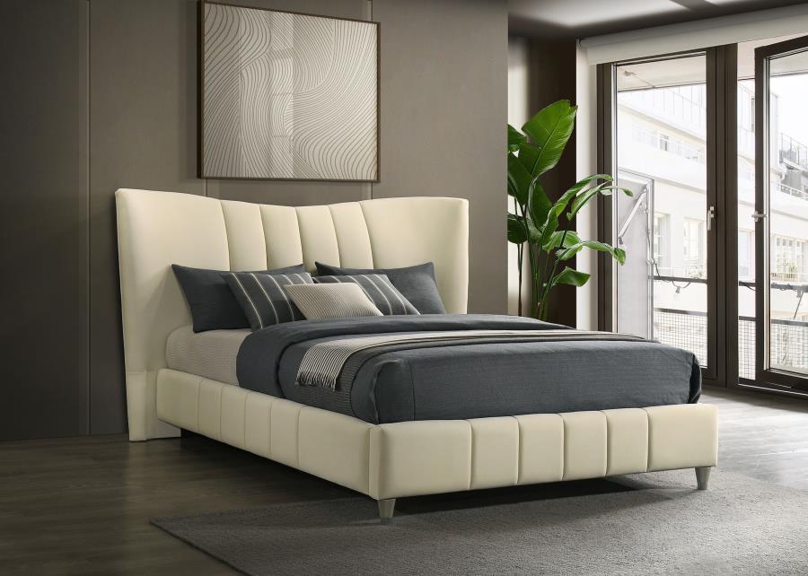 Coaster 315956Q Evelyn ivory velvet upholstered flared tufted wide headboard queen bed