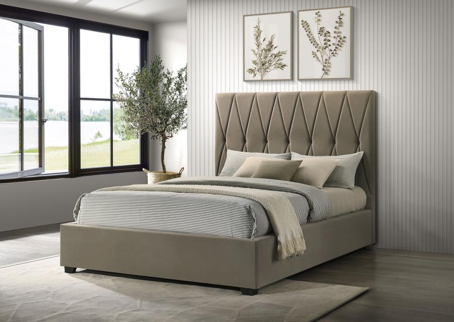 Coaster 315975Q Delsea light brown velvet upholstered tall headboard queen bed