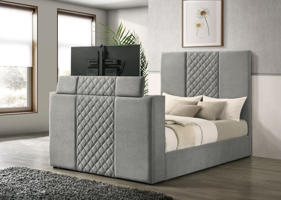 Coaster 315994Q Tara grey velvet upholstered diamond pattern TV lift footboard queen bed