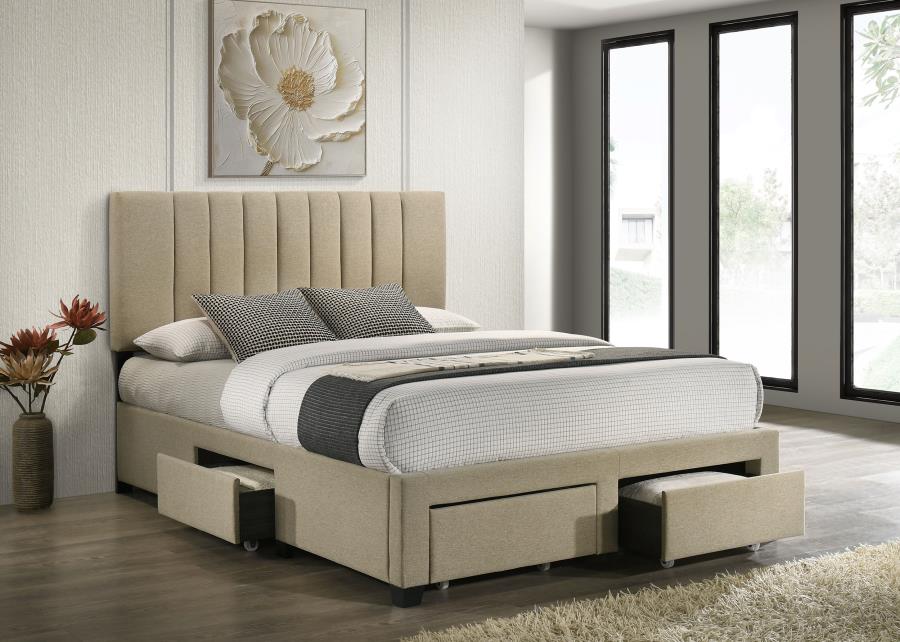 Coaster 316010Q Wheatland light brown finish fabric queen bed frame with storage drawers