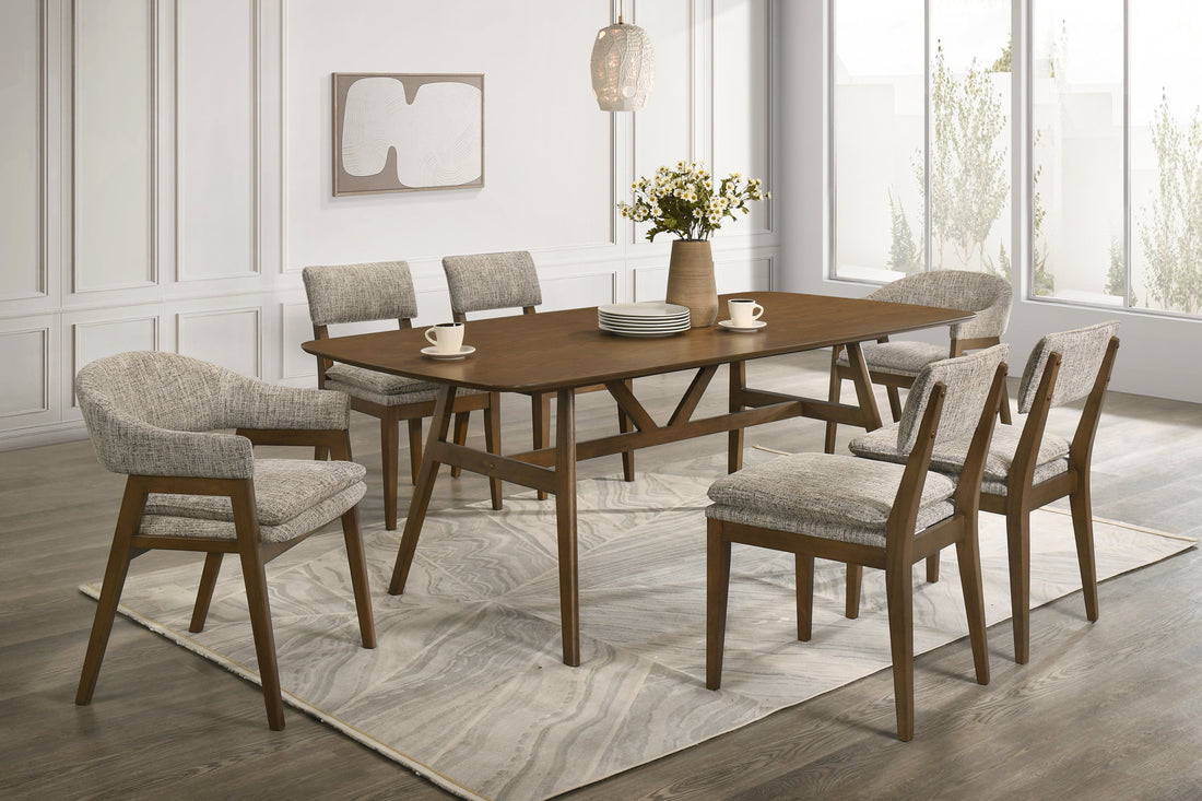 D2749-7PC 7 pc Miller walnut finish wood dining table set fabric chairs mid-century modern style