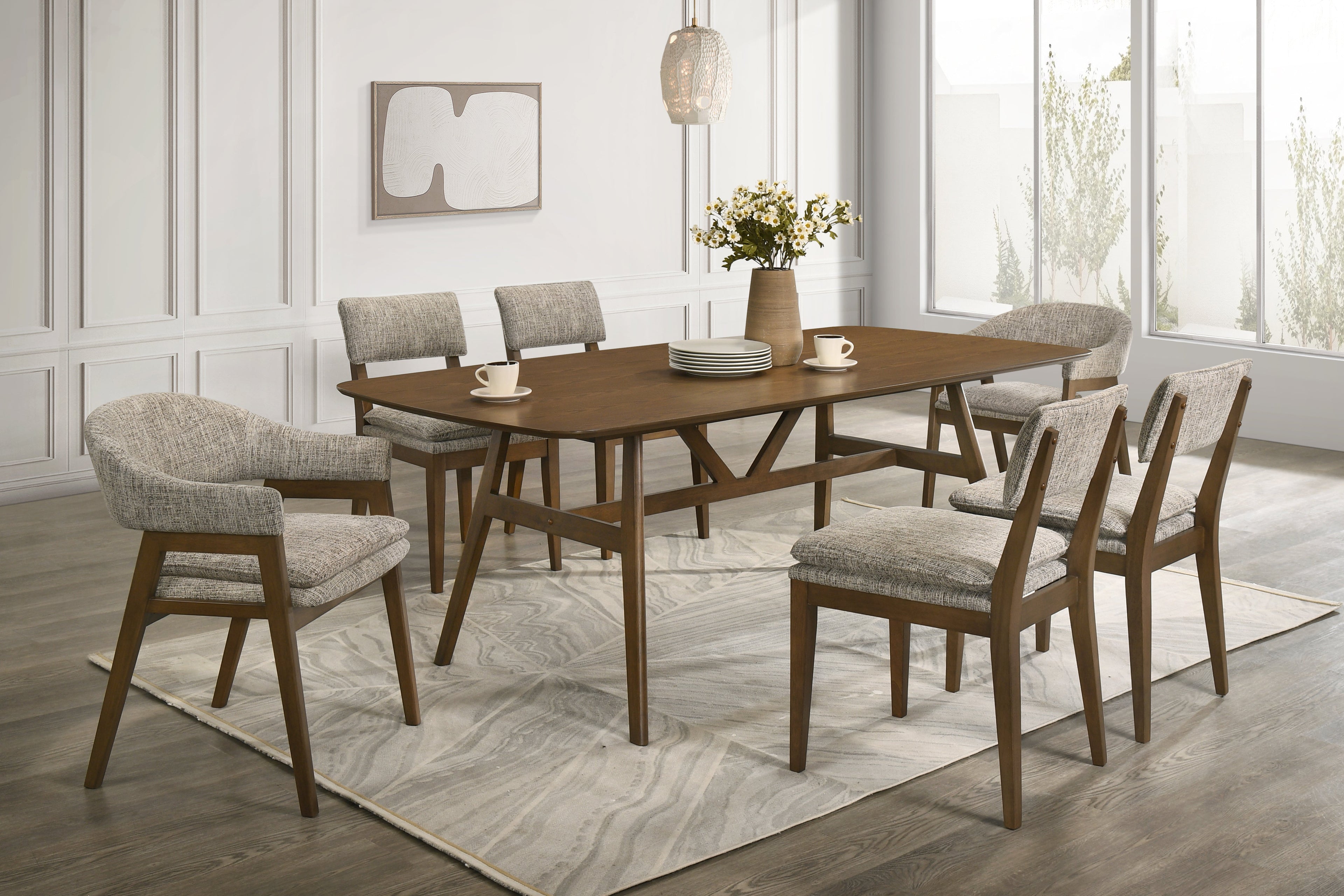 D2749-7PC 7 pc Miller walnut finish wood dining table set fabric chairs mid-century modern style