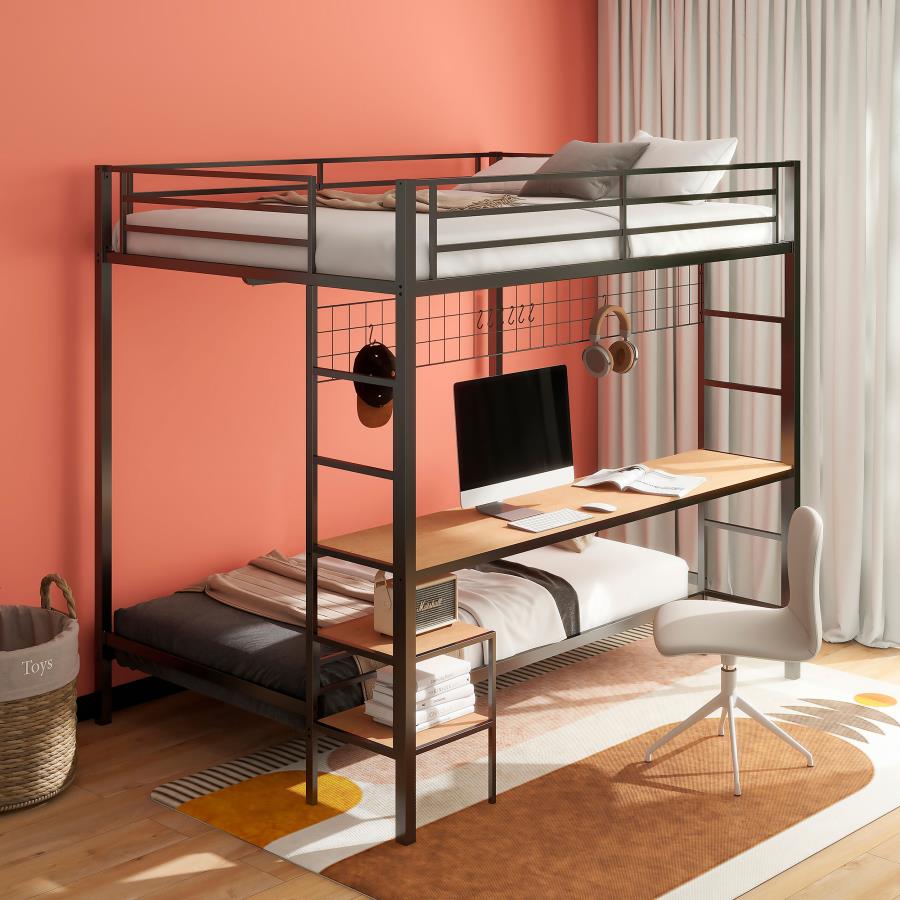 Coaster 460209BLK Campus matte black finish metal full over twin bunk bed set workstation desk and shelves