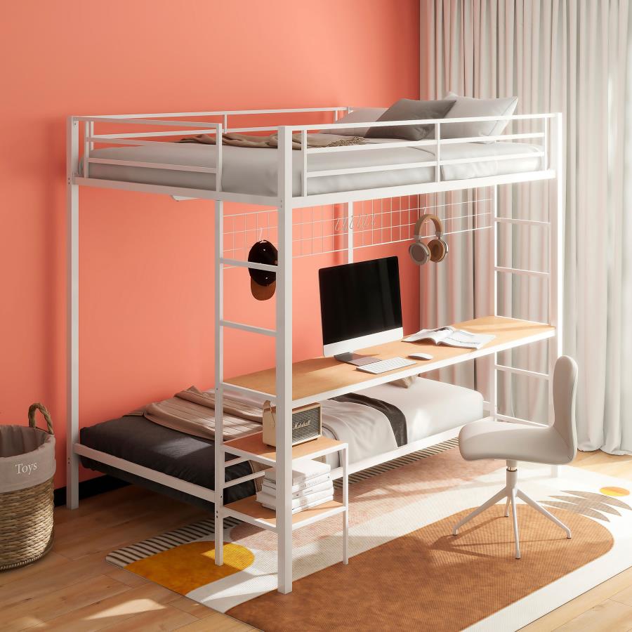 Coaster 460209WHT Campus matte white finish metal full over twin bunk bed set workstation desk and shelves