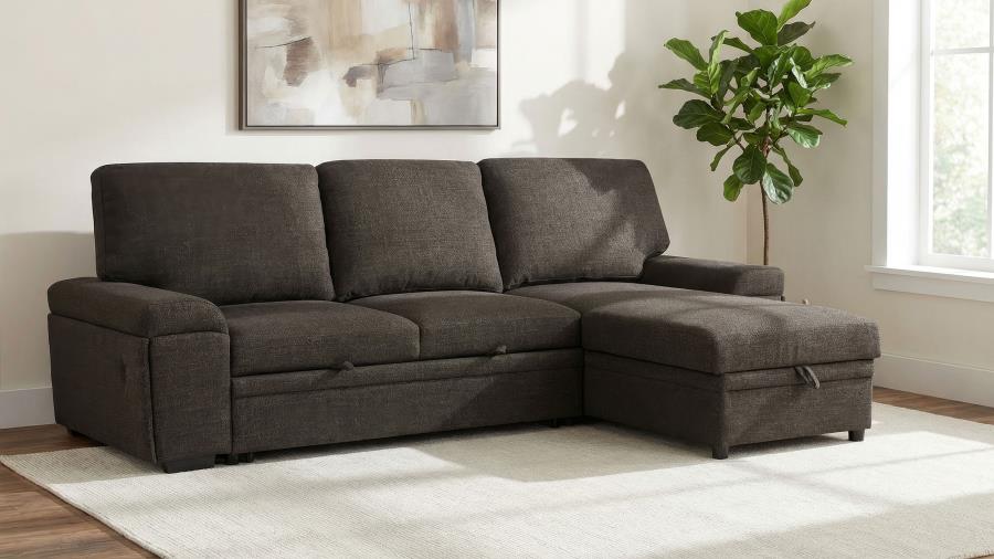 Demko Brown Linen-Like Fabric Sleeper Sectional Sofa with Storage Chaise, Bluetooth & USB Charging – 500356