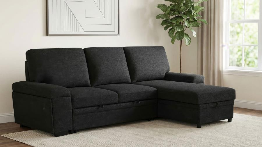 Demko Black Linen-Like Fabric Sleeper Sectional Sofa with Storage Chaise, Bluetooth & USB Charging – 500357