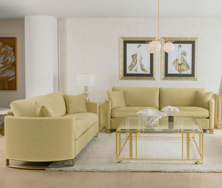 Coaster 508824-S2 2 pc Corliss camel velvet fabric sofa and love seat set with round arms and gold legs