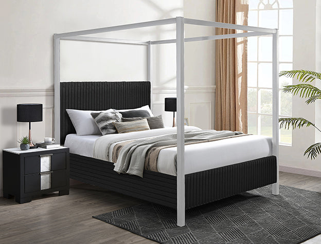 Crown Mark 5262BK Cora light frame black colored fabric upholstered queen canopy bed