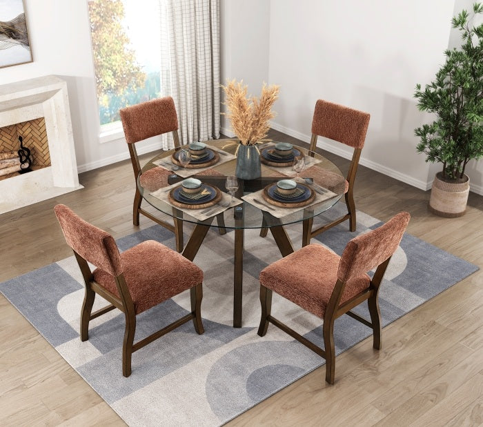 Homelegance 5898-48RD-5F4-5PC 5 pc Aiden brown finish wood 48" round glass dining table set rust chairs