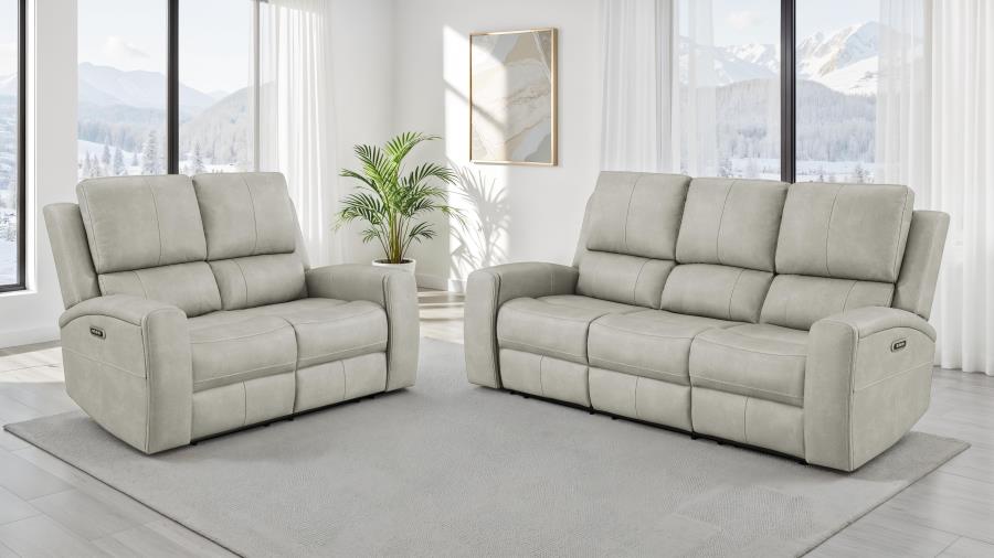Coaster 603434PPP-S2 2 pc Brickston light grey faux leather power recliners and headrests sofa and love seat set storage and USB