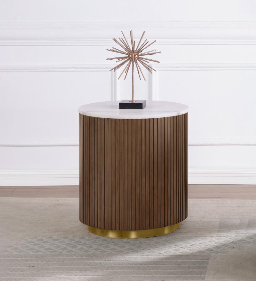 712417 Jason white marble top honey brown finish wood reeded plinth design sides round end table gold trim