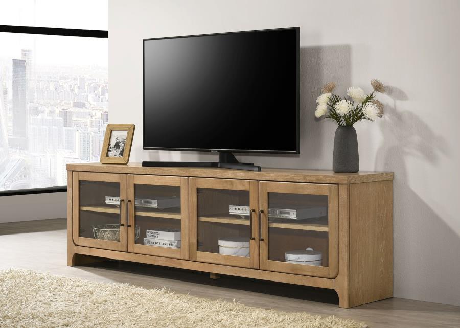 Coaster 720130 Brenham washed oak finish wood glass front door design modern 79" tv stand 4 door cabinet