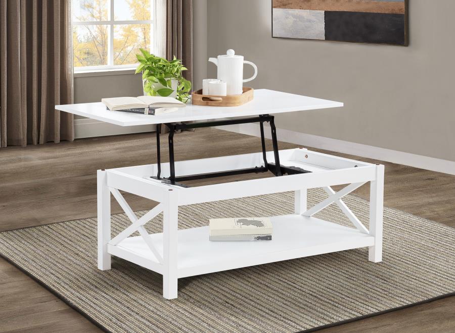 Coaster 722088 Skyview white finish wood 47" rectangular lift top coffee table lower shelf