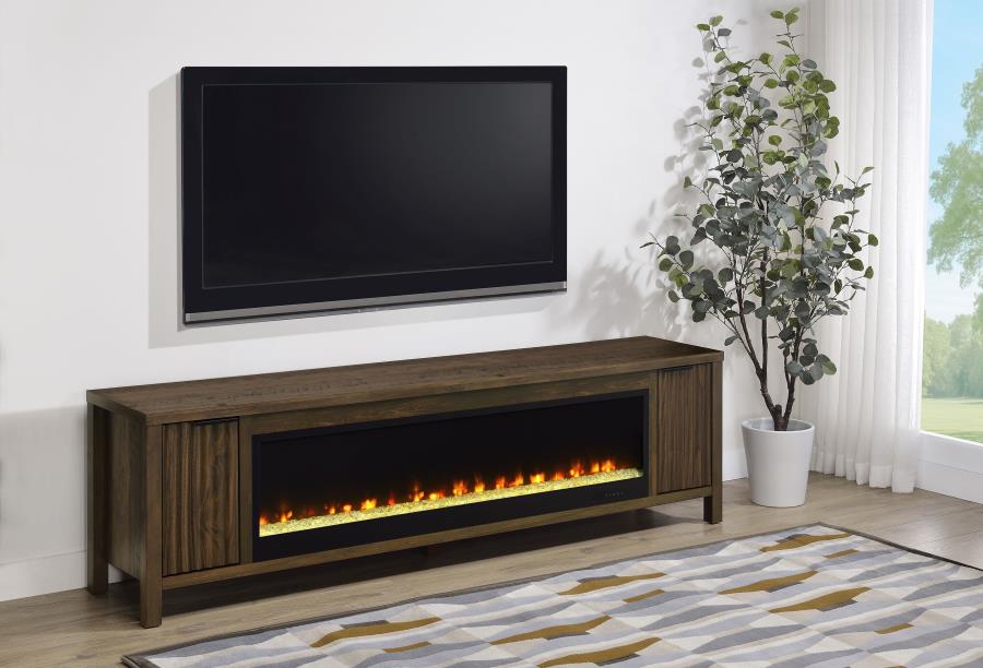 Coaster 722823 Carey dark pine finish wood 79" tv stand fireplace visual flame box color change led