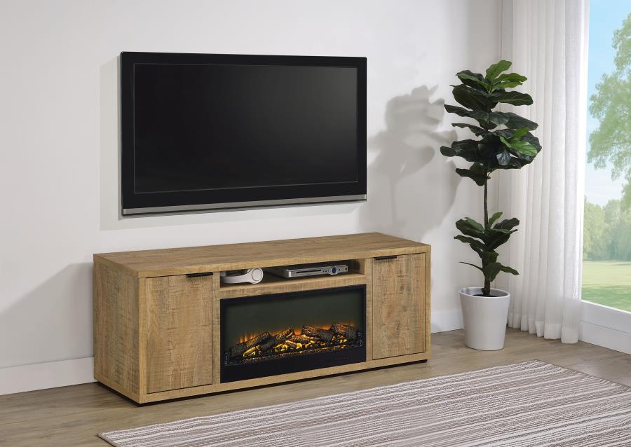 Coaster 722852 Havering natural mango finish wood 60" tv stand fireplace visual flame box