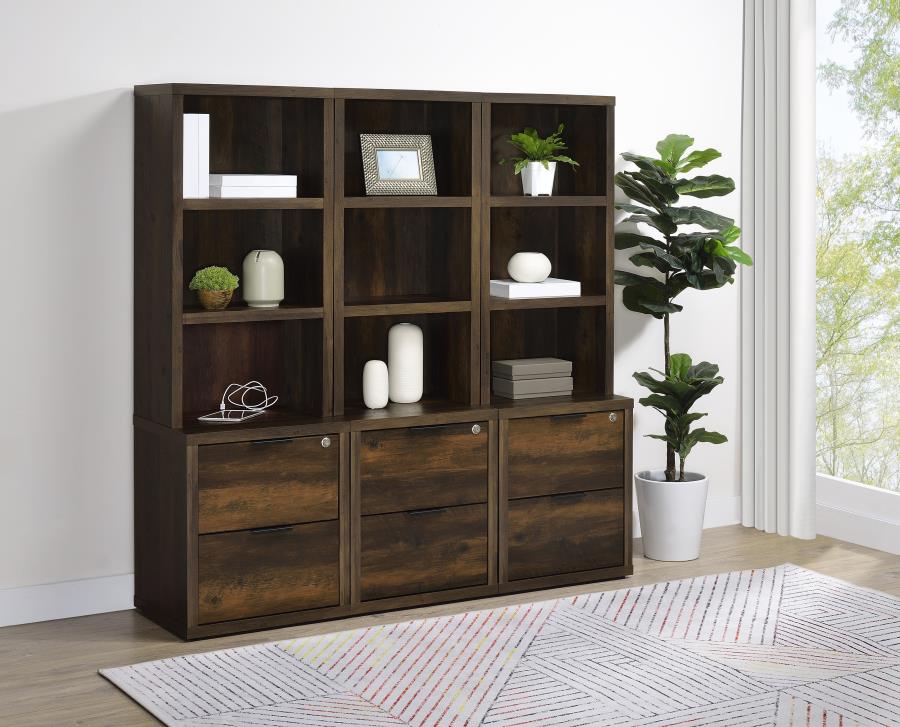 Coaster 802713-S3 3 pc Westpark dark pine finish wood bookcase shelf unit with USB ports and locking drawers