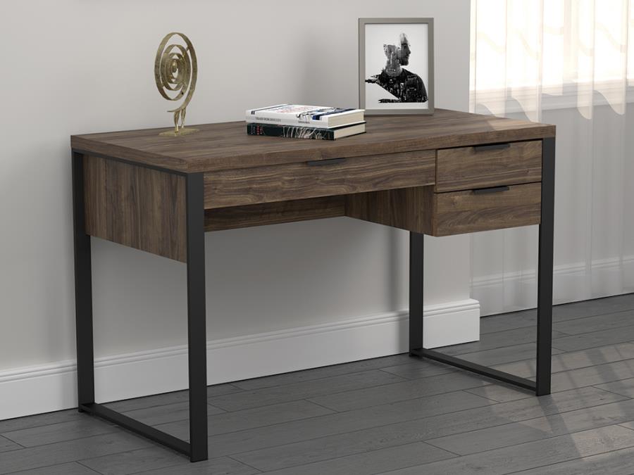 Coaster 803370-clearance Union rustic stickland pattinson aged walnut finish wood gunmetal metal frame writing desk