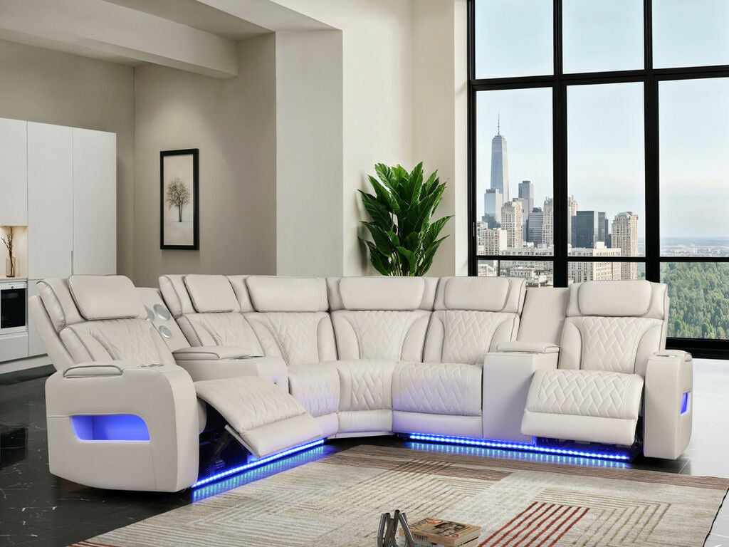Jazz Fortuner Ice Faux Leather 3-Piece Power Motion Sectional Sofa with LED, Wireless Charging & Bluetooth – 81643