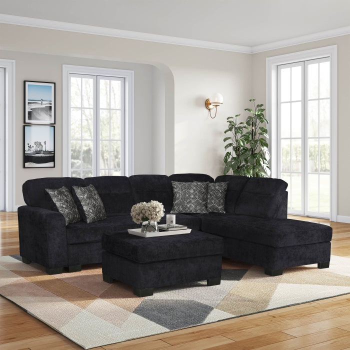 Milton Greens Stars Black Chenille RAF Sectional Sofa with Ottoman – 8256