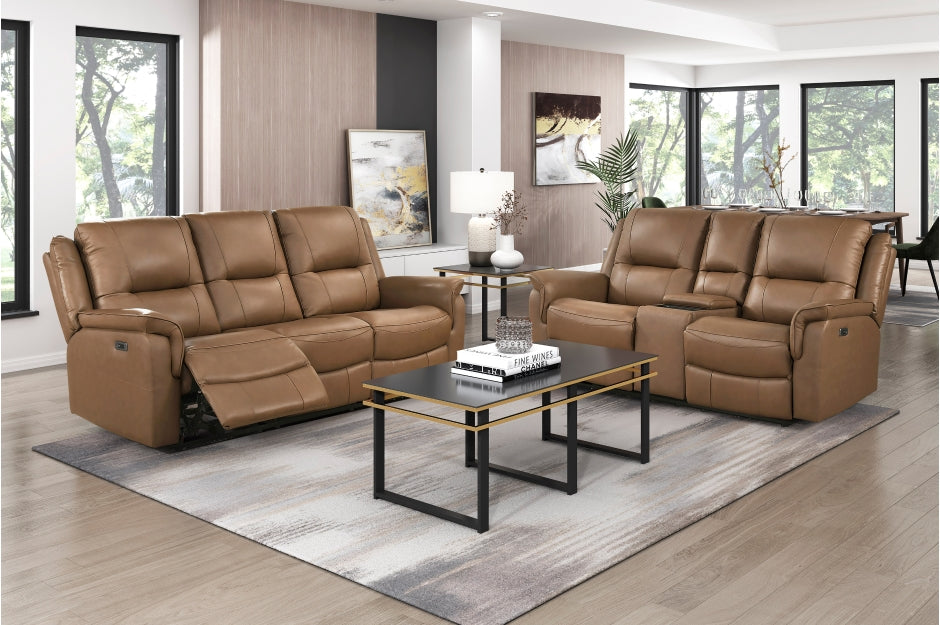 Haven 2-Piece Power Motion Sofa & Loveseat Set – Brown Top Grain Leather & Recliner Ends – 8301BRW-2PC