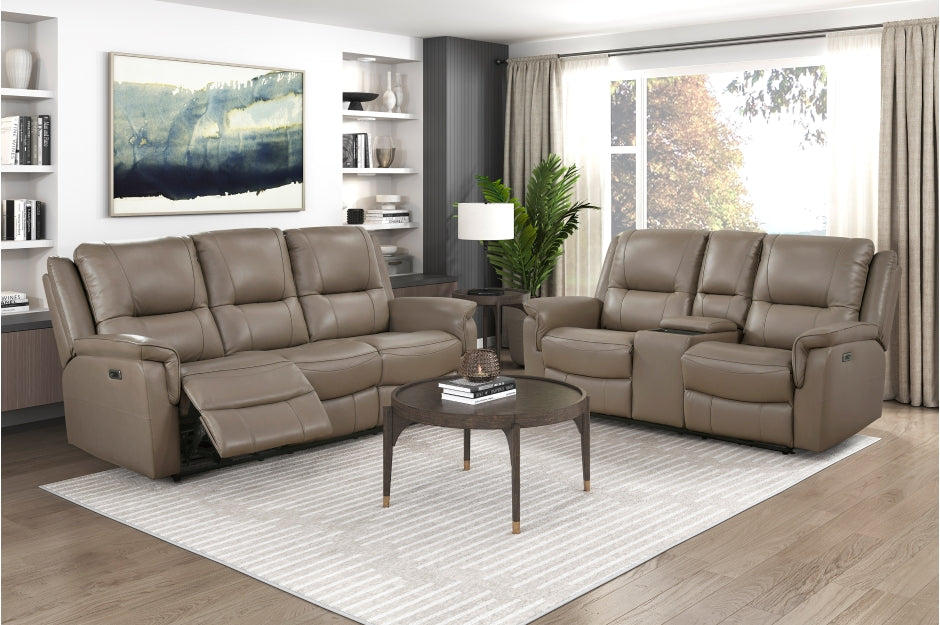 Haven 2-Piece Power Motion Sofa & Loveseat Set – Dark Taupe Top Grain Leather & Recliner Ends – 8301DTP-2PC