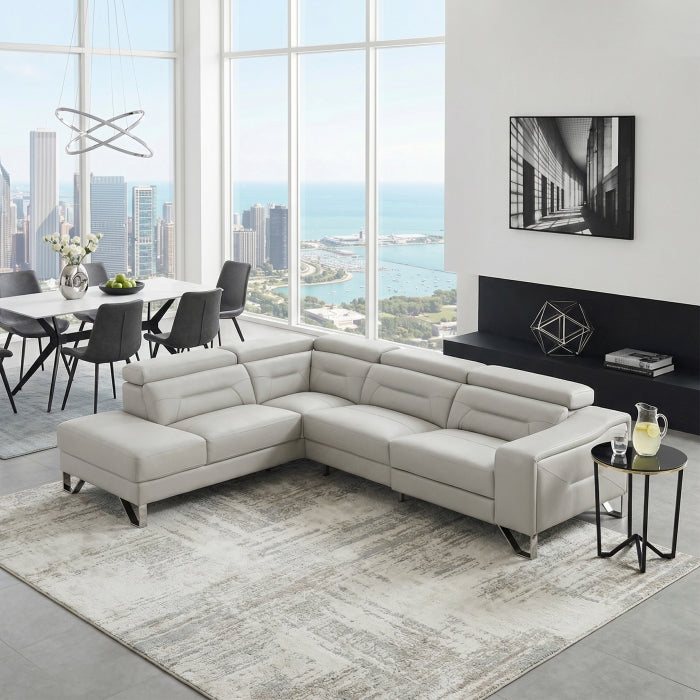 Homelegance Ventura Mid-Century Modern Light Grey Top Grain Leather Sectional Sofa with Chaise and Power Recliner – 8304LGY-2LC2RPW