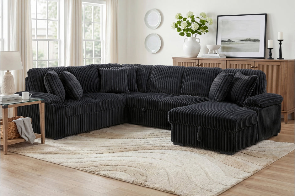 Homelegance Ridge Black Plush Corduroy Sectional Sofa with Storage Chaise and Pull-Out Sleeper – 8317BLK