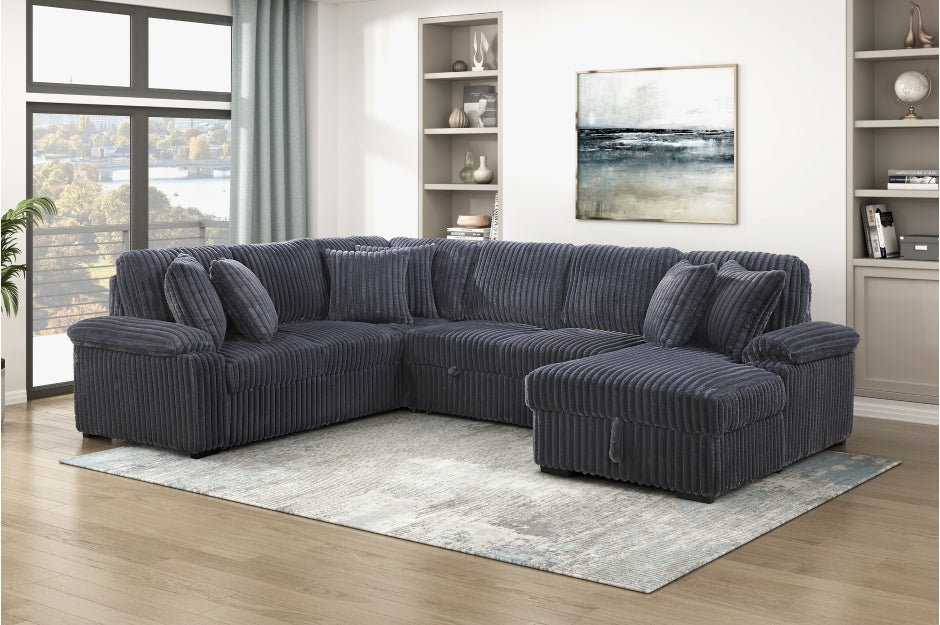 Homelegance Ridge Dark Grey Plush Corduroy Sectional Sofa with Storage Chaise and Pull-Out Sleeper – 8317DGY