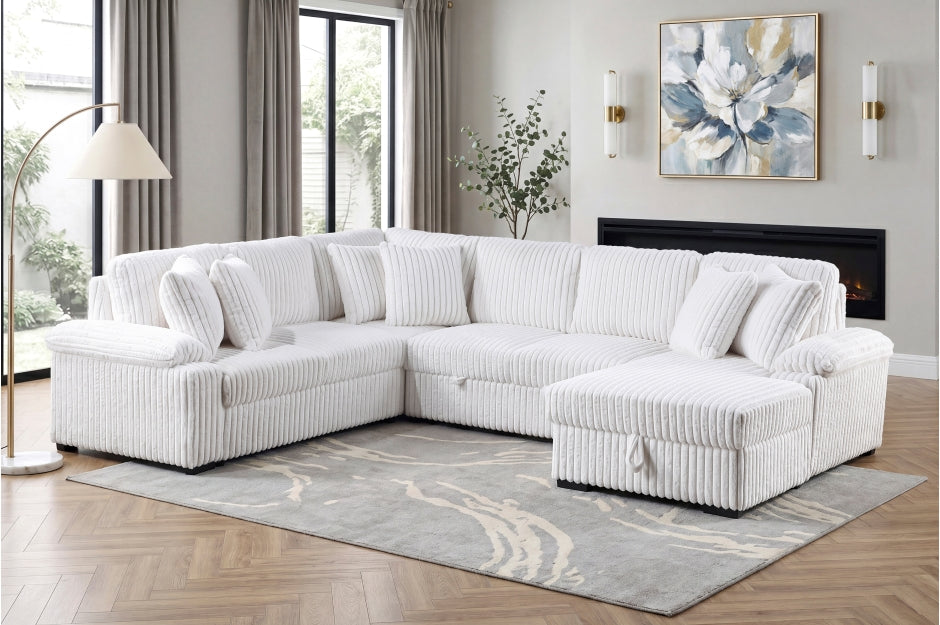Homelegance Ridge White Plush Corduroy Sectional Sofa with Storage Chaise and Pull-Out Sleeper – 8317WHT