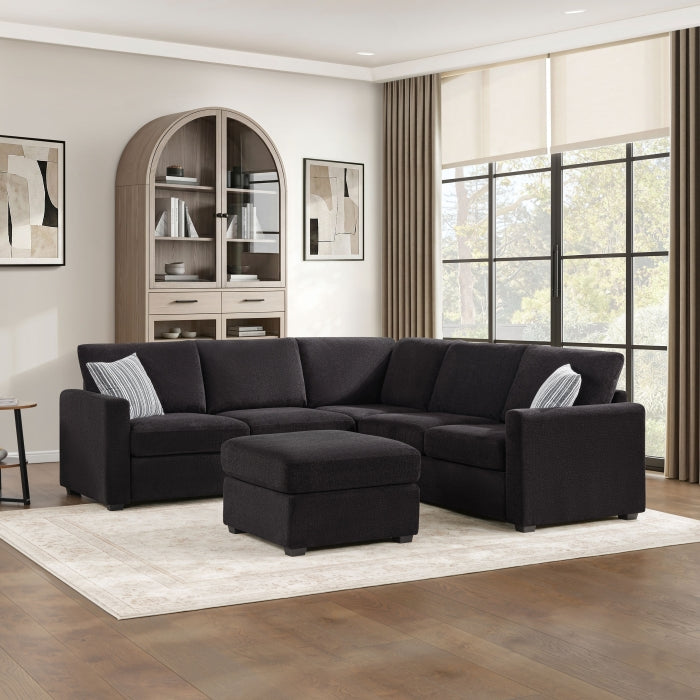 Black Chenille L-Shaped Sectional Sofa with Ottoman and Square Arms – 8328